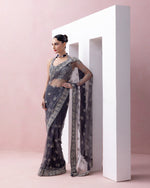 AEGEAN BLUE TULLE SARI WITH ORGANZA BORDER AND RAZORBACK BLOUSE