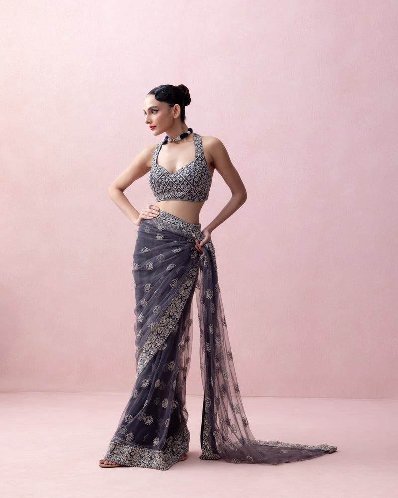 AEGEAN BLUE TULLE SARI WITH ORGANZA BORDER AND RAZORBACK BLOUSE