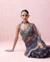 AEGEAN BLUE TULLE SARI WITH ORGANZA BORDER AND RAZORBACK BLOUSE