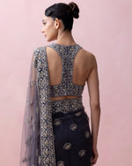 AEGEAN BLUE TULLE SARI WITH ORGANZA BORDER AND RAZORBACK BLOUSE