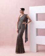 STEEL GREY EMBROIDERED GODET SKIRT WITH ORGANZA AANCHAL AND RAZOR BACK BLOUSE