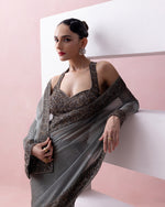 STEEL GREY EMBROIDERED GODET SKIRT WITH ORGANZA AANCHAL AND RAZOR BACK BLOUSE