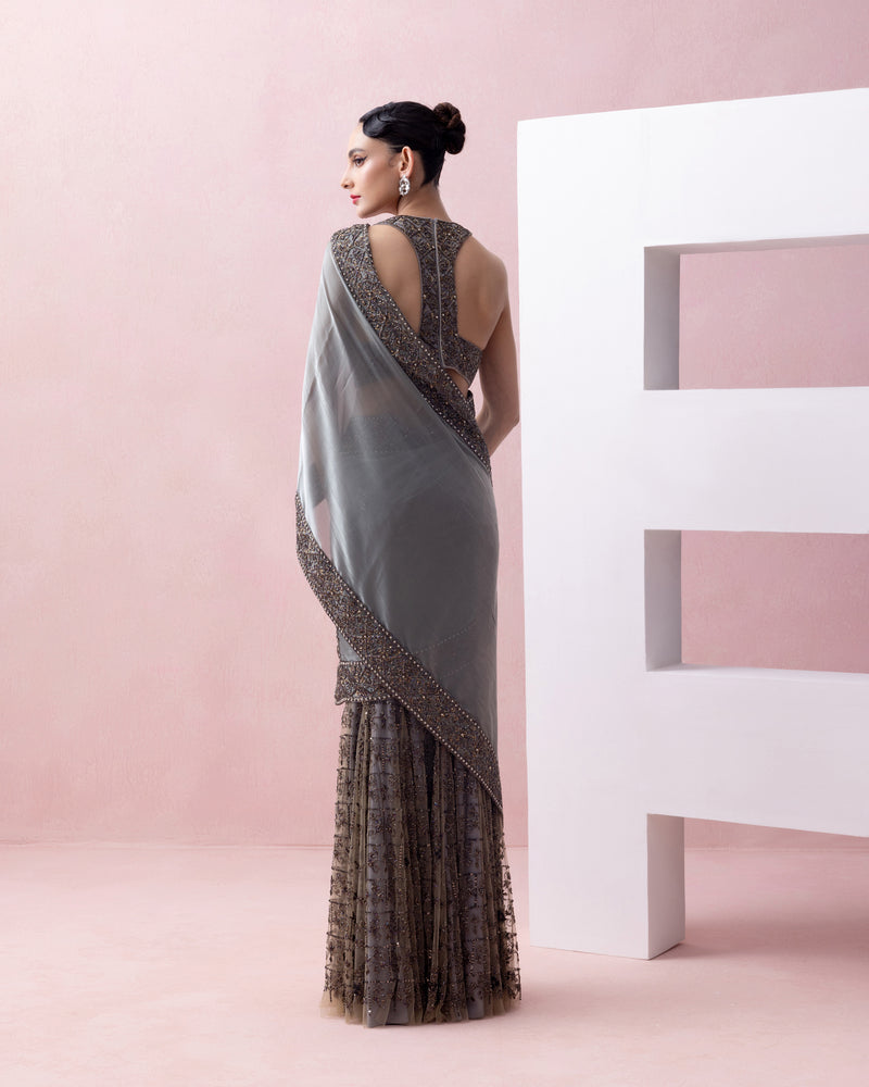 STEEL GREY EMBROIDERED GODET SKIRT WITH ORGANZA AANCHAL AND RAZOR BACK BLOUSE