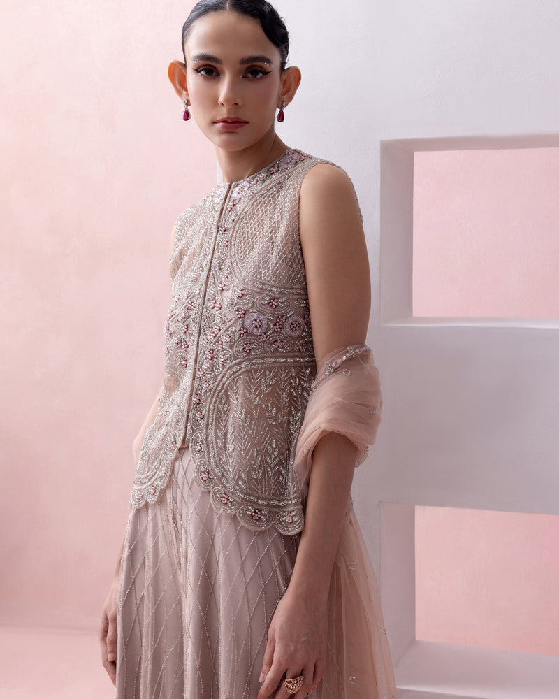 BLUSH PINK SCALLOPED JACKET WITH GRID WORK SHARARA AND TULLE DUPATTA