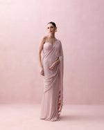 PINK PRE-STITCHED SWOROWSKI SARI WITH FEATHER AANCHAL AND EMBROIDERED CORSET