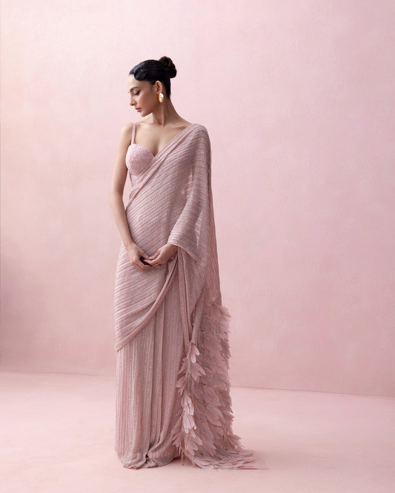 PINK PRE-STITCHED SWOROWSKI SARI WITH FEATHER AANCHAL AND EMBROIDERED CORSET