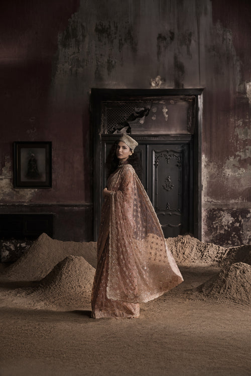 Peach Pre-Stitched Tulle Sari With Crystal Embellished Blouse