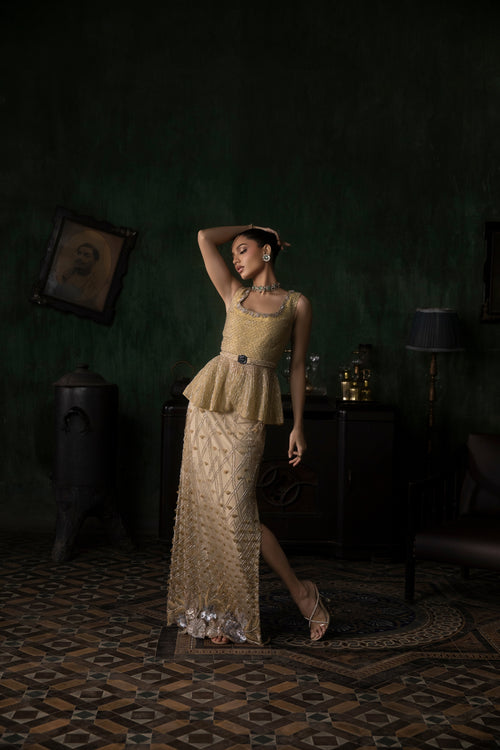 Sea Green Organza Peplum With 3D Petal Slit Skirt