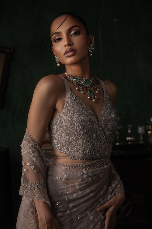 Pale Pink Pre-Stitched Tulle Sari With Tie-Up Blouse