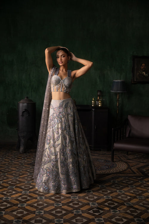 Grey Appliqué Lehenga With Corset and Armhole Dupatta