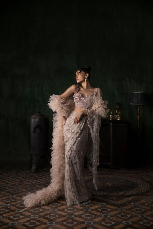 Stone Pre-Stitched Sari With Sequinned Blouse