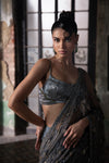 Slate Grey Hand Embroidered Tulle Sari With Beaded Blouse