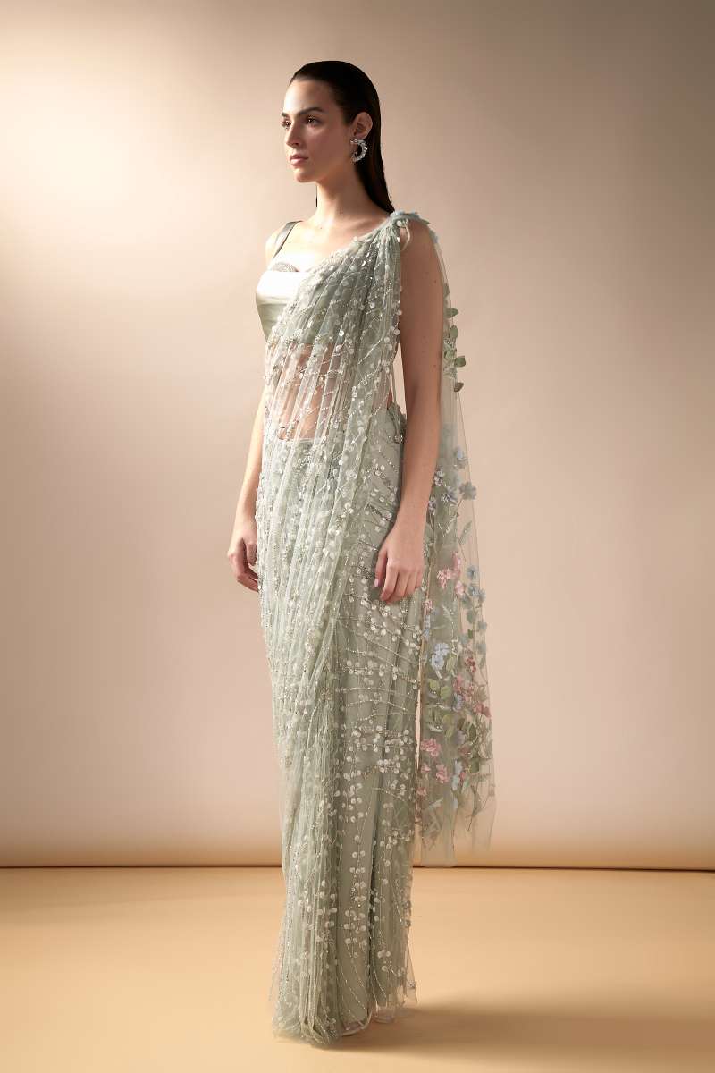 Sea spray sari with stone studded satin blouse (Mint)