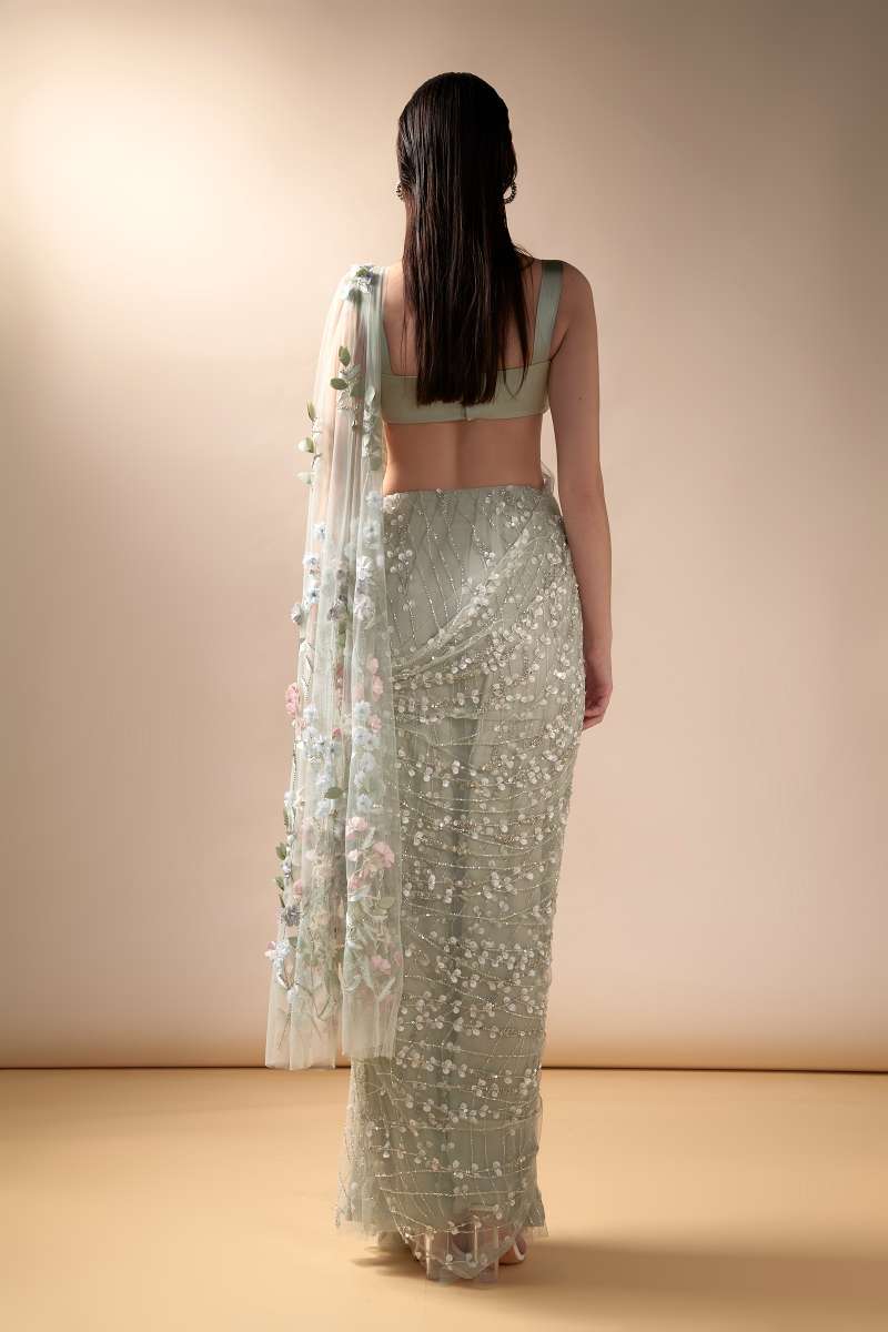 Sea spray sari with stone studded satin blouse (Mint)