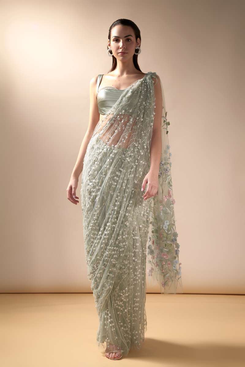 Sea spray sari with stone studded satin blouse (Mint)