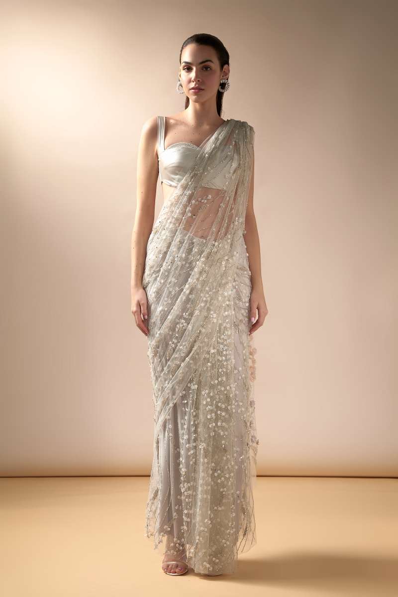 Sea spray Sari with stone studded satin blouse (Ivory)