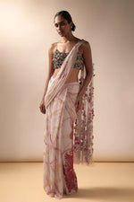 Pink wave sari with multi colored beaded blouse