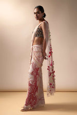 Pink wave sari with multi colored beaded blouse