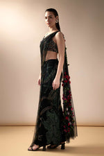 Black wave sari with multicolored beaded blouse