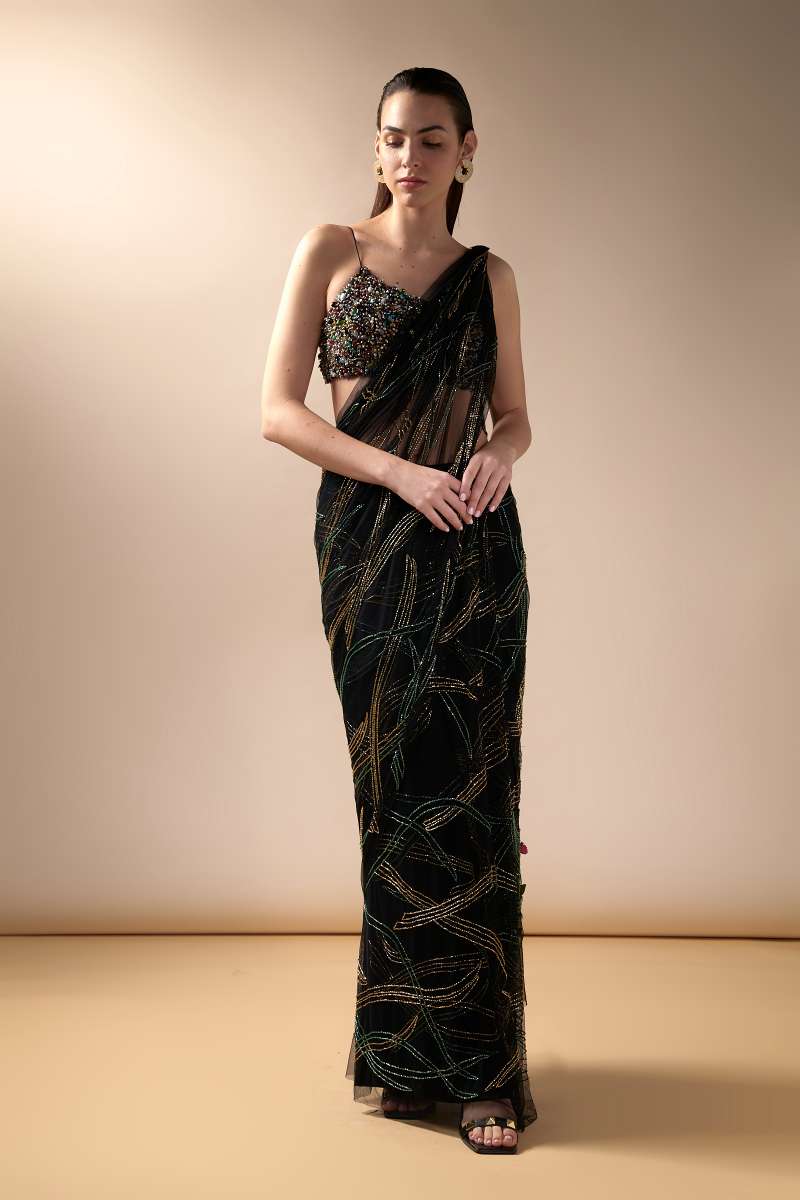 Black wave sari with multicolored beaded blouse