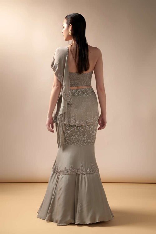 Grey fishtail sari with embellished corset