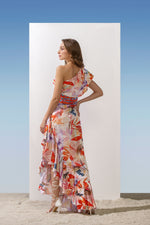 Satin Printed Dress With Drape On Shoulder & Waterfall Bottom