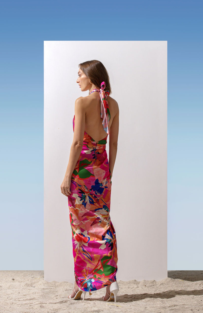 SATIN ABSTRACT PRINTED DRAPED HALTER NECK DRESS