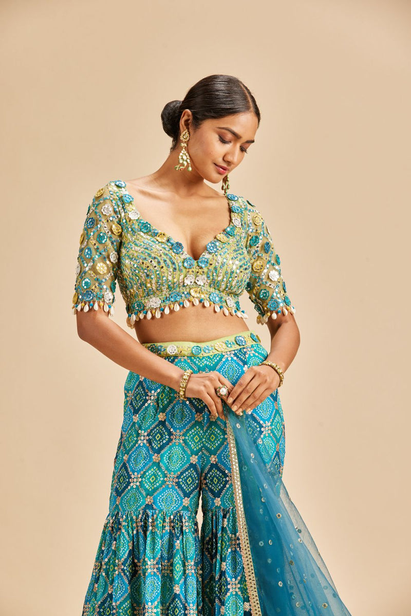 BLUE BANDHANI TIERED SHARARA SET