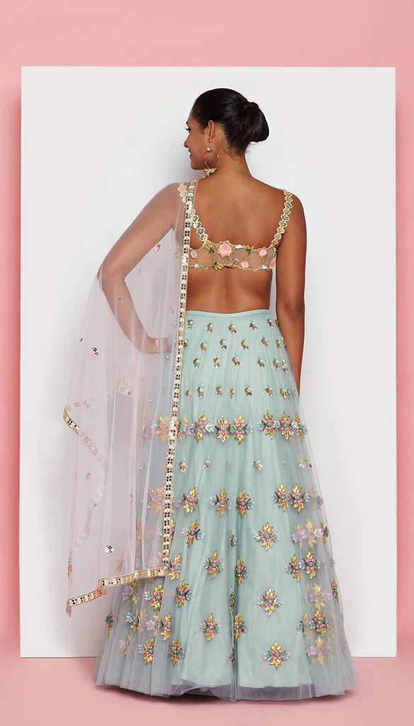 FAVORITE JADE - JADE GREEN AND IVORY EMBELLISHED FULL LEHENGA SET