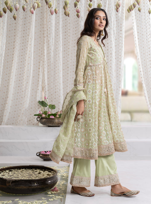 Green Ghoomar Anarkali Kurta with Ghoomar Pants