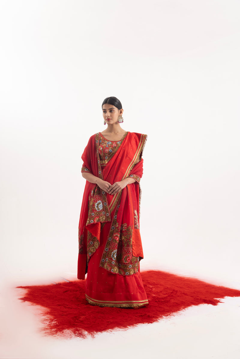 Luxurious 3-Piece Set Showcasing A Red Embroidered Saree