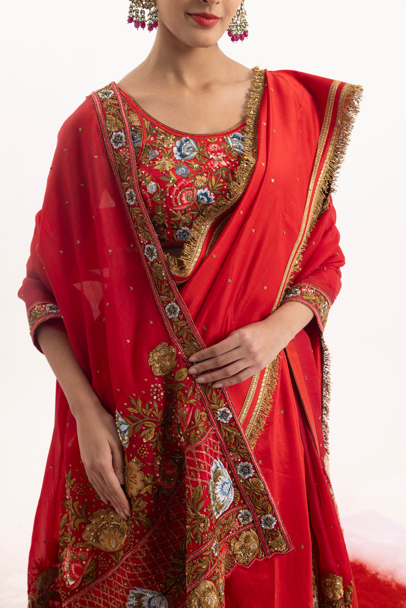 Luxurious 3-Piece Set Showcasing A Red Embroidered Saree