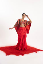 Elegant 3-Piece Set Featuring A Red Cotton Silk Draped Skirt Set