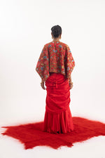 Elegant 3-Piece Set Featuring A Red Cotton Silk Draped Skirt Set