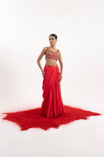 Elegant 3-Piece Set Featuring A Red Cotton Silk Draped Skirt Set