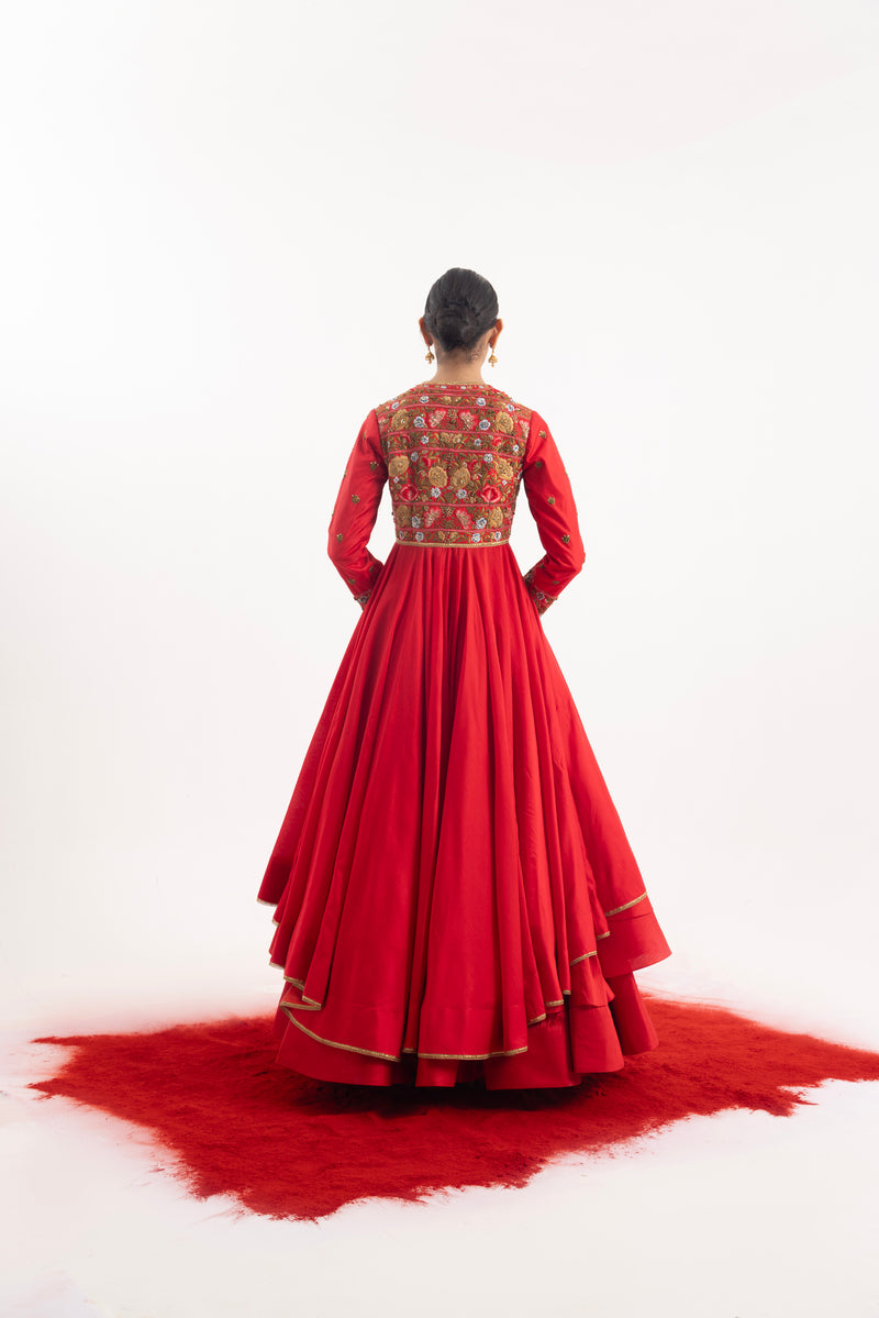 Radiant One-Piece Ensemble: A Red Embroidered Anarkali