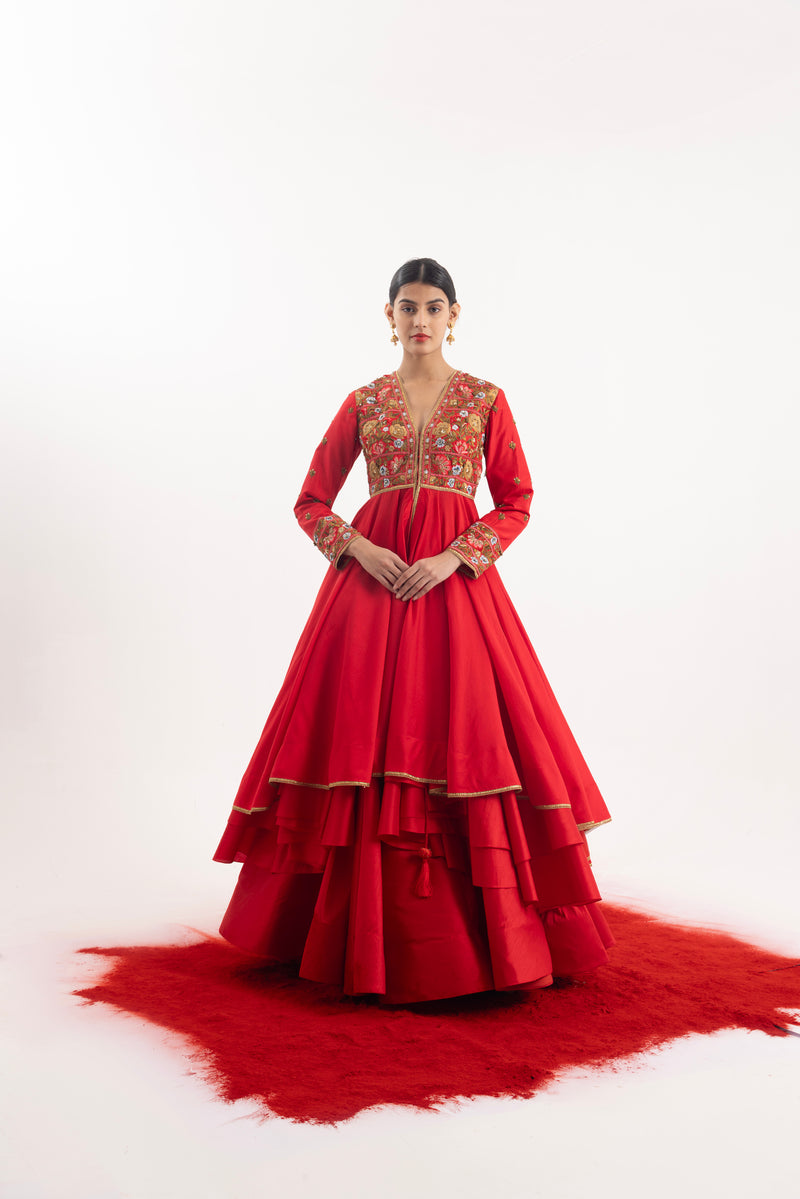 Radiant One-Piece Ensemble: A Red Embroidered Anarkali