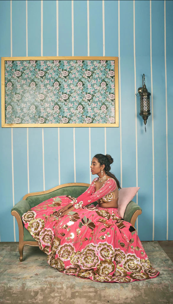 GARDENS OF BABYLON - PINK & IVORY EMBELLISHED FULL LEHENGA SET