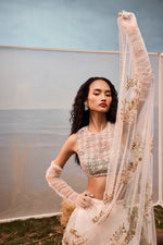 White pre-stitched tulle sari anhd blouse with geometric embroidery