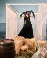 Black tiered sharara with tulle draped jacket and beaded blouse