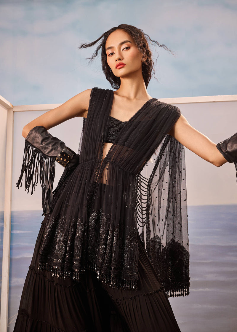 Black tiered sharara with tulle draped jacket and beaded blouse