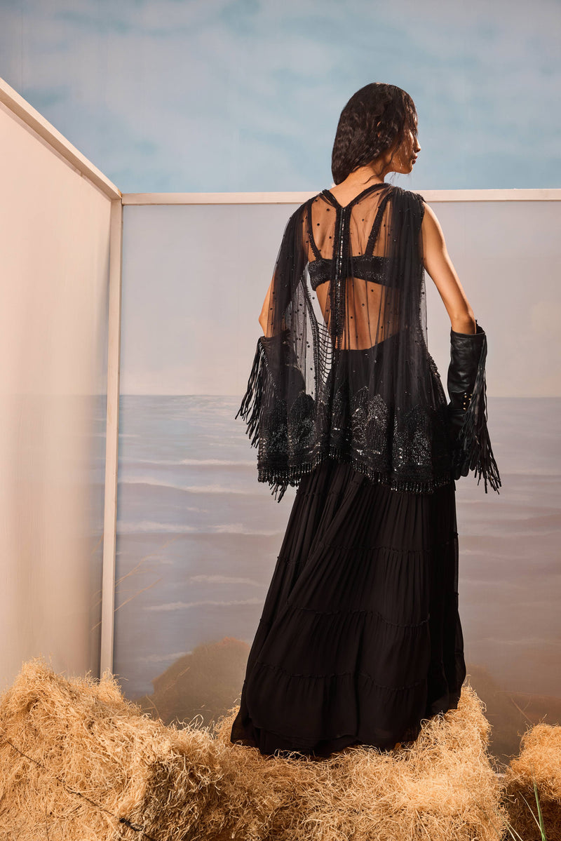 Black tiered sharara with tulle draped jacket and beaded blouse