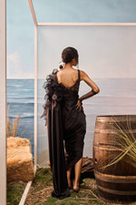 Black satin drape sari with embellished bodysuit