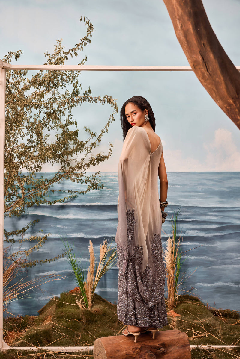 Grey ombre chiffon predraped double layer tunic sari