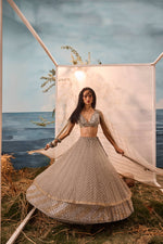 Grey 3d flower lehenga with geometric border, threadwork blouse and embroidered dupatta