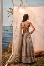 Grey 3d flower lehenga with geometric border, threadwork blouse and embroidered dupatta