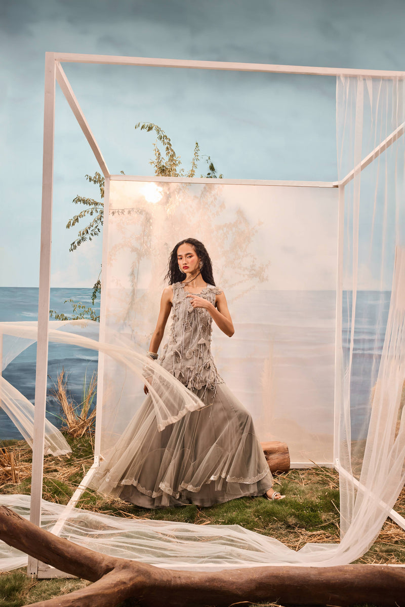 Grey tassel top with frill lehenga and embroidered stole