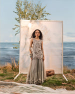 Grey tassel top with frill lehenga and embroidered stole