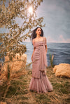 Burnt pink bodycon dress with frill lehenga and embroidered dupatta