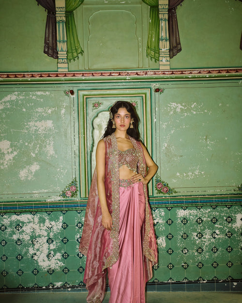 Blush pink drape satin skirt set with cape